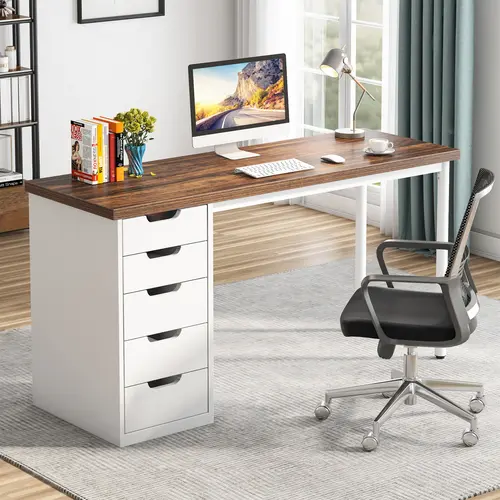 LITTLE TREE Computer Desk with 5 Drawers, 47 inches Rustic Brown Home Office Desk with Storage, Modern Simple Laptop Desk Study Writing Table for Small Spaces (Reversible Drawer Cabinet)