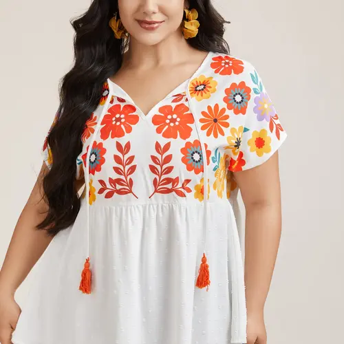 BloomChic Blouse for Women, Plus Size Floral Print Lightweight Polyester Babydoll Tunic with Short Raglan Sleeves and Tie-Neck Tassels, Shirts, Women's Clothes, Baby Doll Tops, Plus Size Fashion, Curvy Clothing, Outdoors