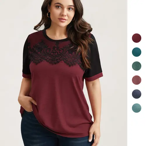 BLOOMCHIC Plus Size Women's Russet Spandex Patchwork Lace Short-Sleeve Round Neck T-Shirt - Comfy, Regular Fit, Elegant Stretchy Top with Lace-Edge Charm, Easy Pick for Casual Days [M-6X] 2026 Summer Style,Back To School,Fall Pick, Spotlight Day
