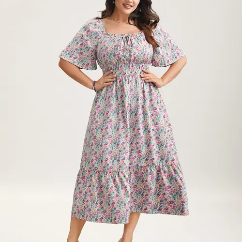 BloomChic Women's Plus Size Elegant Bohemian Ditsy Floral Maxi Dress with Short Ruffle Sleeves, a Square Neck, Smocked Waist and Pockets, Shortsleeve, Lady, Casual Boho Elegant, Frill