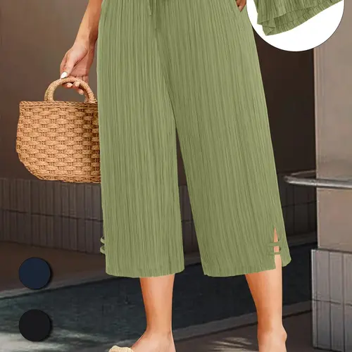 Plus Size Solid Color Wide-Leg Capri Pants, Casual Comfy Summer Bottoms, Women's Chic Lounge Pants for Daily Wear, Casual Chic Trousers