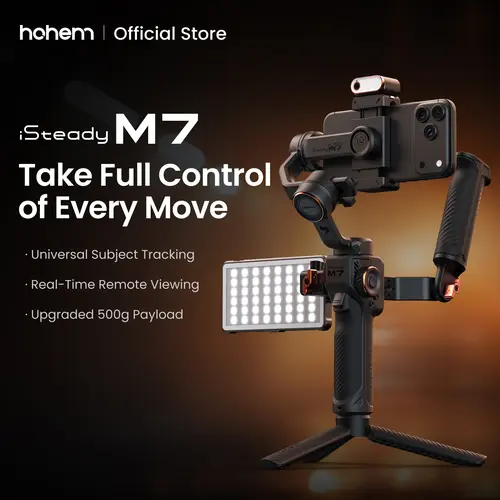 Hohem iSteady M7 Kit 3-Axis Camera Gimbal Stabilizer for iPhone/Android Smartphones, Mobile Phone Accessory for Content Creators with Magnetic Fill Light, AI Tracking Sensor, 1/4-inch Color Touchscreen Display, Detachable Remote, 500g Max Payload
