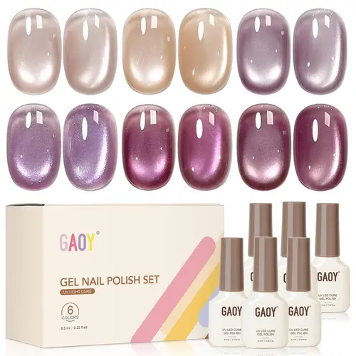 GAOY Glitter Cat Eye Gel Nail Polish Set 6 Colors with Magnet, Purple Pink | UV Lamp Required, Holographic, Nail Art DIY at Home, Salon Manicure Pedicure, Long Lasting, Gift for Women