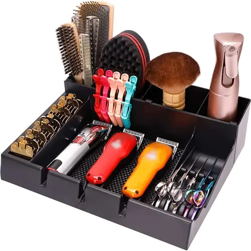 Black Plastic Beauty Organizer - Professional Barber Stylist Tool Box with Clipper Trimmer Holder, Scissors Storage Case, Portable Tray, Haircut Razor Notches, Divided Base, Low-Noise Wheels (Birthdays Extraordinary Gift for Colleagues)