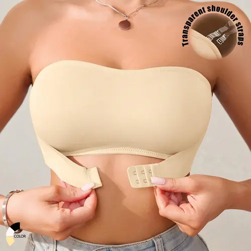 Women's Solid Color Detachable Straps Push-Up Strapless Bra, Breathable Comfortable Wireless Design, Soft Lingerie for All Seasons, Daily Wear Bra