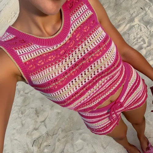 Women's Knit Set Casual Chic Striped Hollow Out Sexy Slim Fitted Elastic Shorts Tank Top Spring Summer Sleeveless Two Piece Knitted Set Womenswear (random Pattern) Clothes Summer Beach Sets