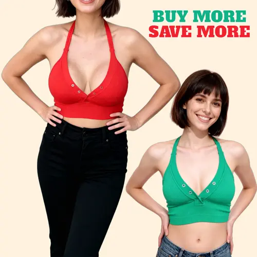 Women's Pro-Fit Seamless Convertible Neckline Snap-Button Crop Top Bralette - Fitted, Cute, Racerback, Ribbed, Wireless, Push Up, Stretchy, Comfortable, Moisture-Wicking Spandex, Activewear, Everyday Bra 32653-1