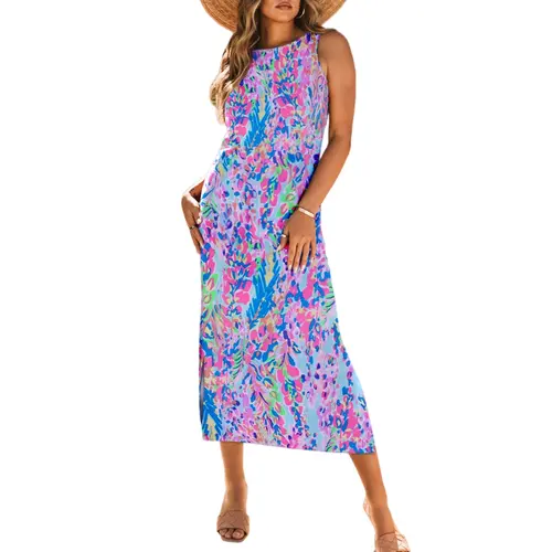 Asvivid Women's Summer Casual Abstract Floral Print Sleeveless Side Slit Maxi Dress Beach Vacation Outfits Sundress Bodycon Side Slit Womenswear sohochic
