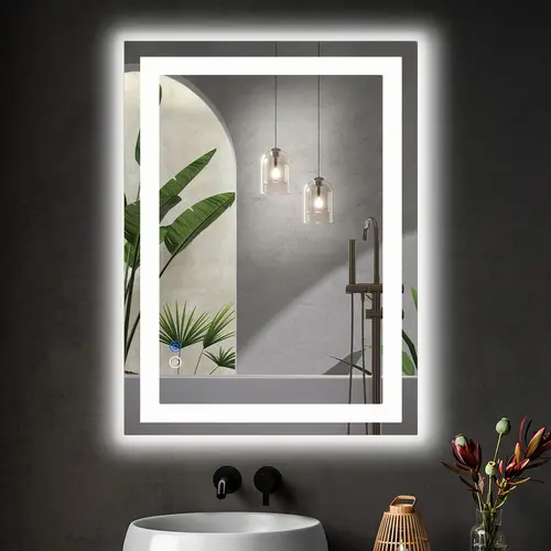 Rectangle LED Bathroom Vanity Mirror - Fogless, Illuminated, Backlit, Dimmable Front & Backlight, Anti-Fog Surface, Smart Memory Function, Tempered Glass, Fogless Bathroom Mirrors, Illuminated Bathroom Mirrors, Non-Fogging Bathroom Mirrors, Rectangular Le