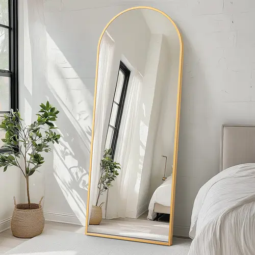 【Deal】Sweetcrispy Gold-Arched Modern Aluminum Frame Full Length Wall Mirror - Aesthetic Room Decor Floor Mirror with Upgraded Nano Glass, Shiny Look, No Assembly Required, Multi-Installation: Standing, Hanging, Leaning, for Entryway, Cloakroom