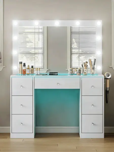 CollaredEagle Modern Makeup Vanity Set - Vanity with Mirror, 11 Backlit Adjustable Lights, Power Outlet, USB Ports, 7 Drawers, White Indoor Bedroom Furniture, Gift for Girlfriend