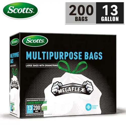 Scotts 13 Gal Plastic Trash Bags (200 Count) - Quick-Tie Drawstring Bin Bags Kit, Stockup Pack, Non-Tear, Puncture-Resistant, Leak-Proof, Odor-Eliminator Tech, Fresh Clean & Lemon Scents, Easy-to-Use Kitchen Home Supplies,dorm essentials,home essentials