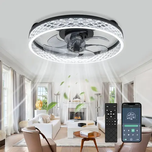 DEMILARE 18.5" Modern Crystal Acrylic Ceiling Fan with LED Lamp, 18.9" Stealth Pro Flush Mount Smart Indoor Fan, Dimmable Round Acrylic Ceiling Lighting, 6-Speed Reversible Motor, Low Profile for Bedroom, Room Decor, Smart Fan