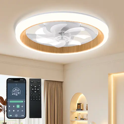 DEMILARE 18.9" Wood Grain Ceiling Fan with Light, Modern Flush Mount Smart Fan, 17.7" Low Profile Ceiling Fans with Remote, LED Dimmable, 6 Speed Reversible Motor, Quiet Fan for Bedroom, Kitchen, Farmhouse Room Decor,home makeover,back to school shopping