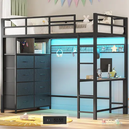 Sikaic Twin Size Loft Bed with Desk, 8 Storage Drawers, LED Lights & Charging Station, Metal Loft Bed Frame with Storage Shelves, 13.1" High Safety Guardrails, No Box Spring Needed, Grey, Home Furniture Christmas Gifts [SohoChic]