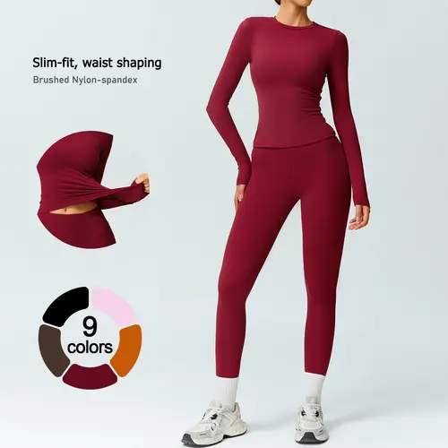 TimeOFF Long Sleeve Slim Top & High Waist Leggings Active Set, High Stretch Fabric With Butt Lifting Design, Breathable & No Pinching, Comfort Fit Without Rolling Down, Suitable For Yoga, Running, Gym Workout And Daily Casual Sports Wear