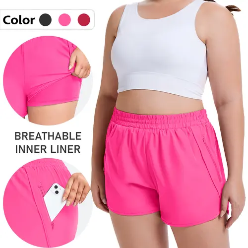 Women's Plus Size Solid Athletic Shorts - High Waisted, 3-Inch, Double-Layer, Quick Dry, Breathable Stretchy Athleisure Casual Sport Shorts with Zip Pockets for Gym, Running, Athletic Bottoms