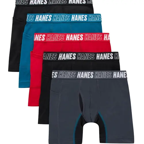 Hanes Moves Boys' Anti-chafe Long Leg Boxer Brief Underwear 5-pack Multi Pack Comfortable Fit Soft Stretch Fabric Breathable Bracld