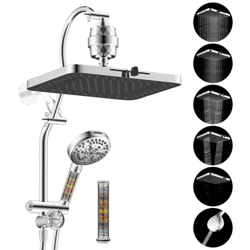 Hibbent Upgraded 13-in Dual Head High-Flow Hi Chrome Water Filtered Pressure Shower Head Combo - 20-Stage Hard Water Filter, 10-Spray Handheld, 16-in Adjustable Leak-Seal Wall Mount Extension Arm, 71-in Hose
