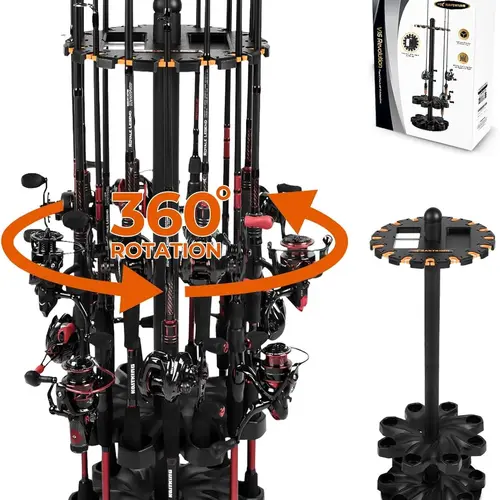 V16 Rotating Fishing Rod Holder for Garage, Floor Rack Holds Up to 16 Rods & Combos, Space-Saving Pole Organizer with Foam, Durable ABS, Fishing Gear Storage Gift for Men