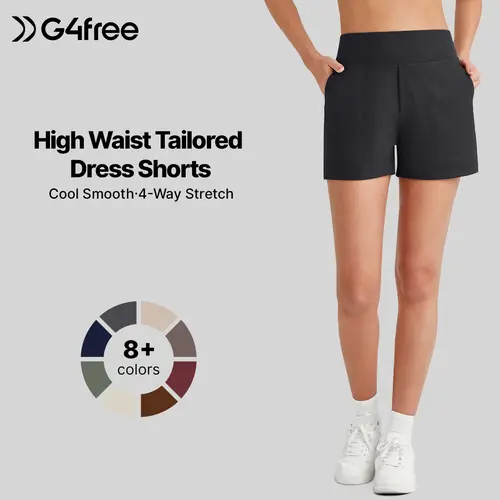 G4Free Women's High Waisted Dressy Trouser Shorts - High Rise, Black, 4-Way Flex Fabric, Multi-Pocket, Comfortable Nylon Bottoms for Summer Casual Wear, High Rise Shorts, Black Shorts