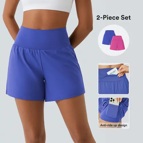 Halara 2-Piece Super High Waisted Back Pocket & Side Hidden Pocket 2-in-1 Yoga Shorts Set 5''-Longer Length #BackToSchool