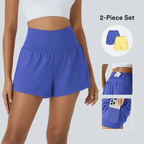 Halara 2-Piece Super High Waisted Back Pocket & Side Hidden Pocket 2-in-1 Yoga Shorts 3" Set #BackToSchool