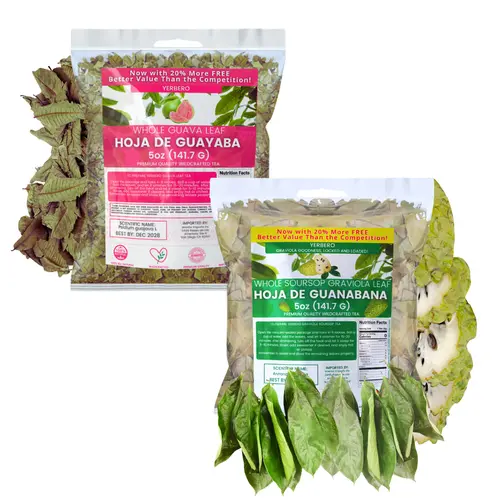 Herbalista Viral Herbal Tea Bundle - Graviola Soursop Guanabana Leaf + Guava Leaf 5oz (141g) Each - Premium Whole Sun Dried  Leaves - Calidad Premium, 100% All Natural Delicious Fresh Tea | From Mexico | Premium Wildcrafted.
