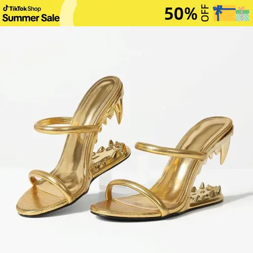 Women Open Toe Slip On High Heels Slippers Tiger Teeth  Shark Teeth Pumps Chunky Heels Dressy Sandals
