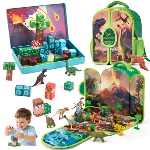 hahaland Portable Backpack Toyset - 52 PCS Mini Magnetic Blocks with Magnetic Case, Foldable 3D Mat, Dinosaur Models Set for Boys, Kids Toys for 3-5 Years Old, Learning Open-Ended Role Play Gift for Christmas Birthday #backtoschool