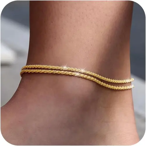 TEWIKY Dainty 14K Gold Plated Layered Waterproof Anklet For Women Adjustable Womens Anklet Set Stackable Figaro Beaded Cuban Link Anklets Daily Clothing Decor For Beach Summer Trendy High Quality Bracelet for Mother's Day gifts