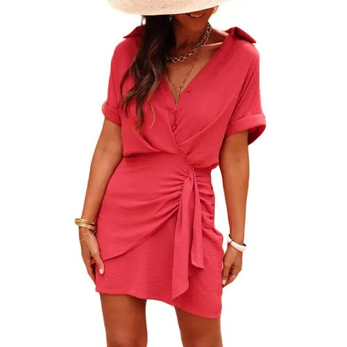 Asvivid Women's Summer Dresses Pleated and Waisted Basic Casual Shortsleeve Solid Color Button Front Dress Womenswear sohochic