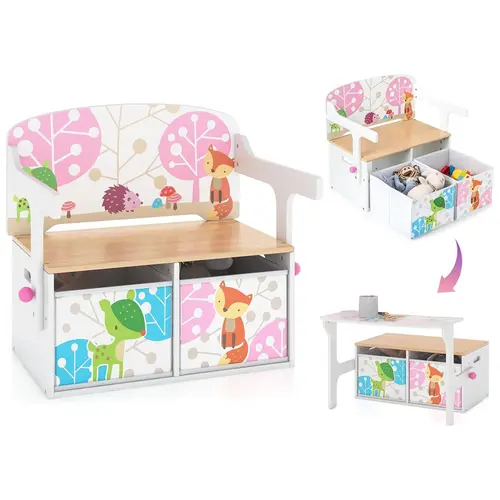Costzon 3-in-1 Ergonomic Wooden Toy Storage Bench - Kids Furniture Set with Handle, 2 Bins, Activity Benches & Storage Table-Chair for Playroom, Daycare, Activity With Benches And Storage Table & Chair Sets   ti