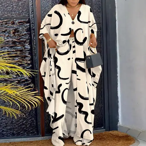 LIVE ONLY CHICME 2026 Women's Abstract Print High Slit Longline Top & Pants Set