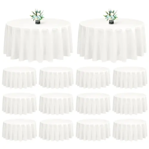 SHOWGEOUS 12-Pack Wrinkle-Resistant White Round Polyester Tablecloths, 90in Polyester Covers for Celebration, Valentines Day, Bonfire - Outdoor Home & Festive Party Decor