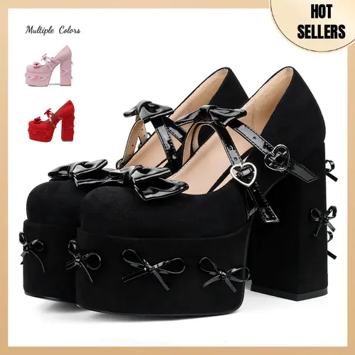 AOSPHIRAYLIAN Women's Suede Mary Janes Shoes - Stylish Chunky High Heels with Bow Buckle, Platform Goth Party Gladiator Dress Uniform Oxfords