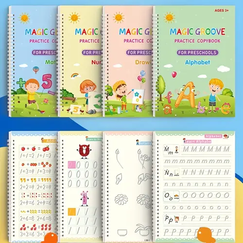 Reusable Magic Grooved Handwriting Workbooks for Kids With Disappearing Ink, 4 books 1 pen 8 refills 1 pen holder, reusable handwriting practice
