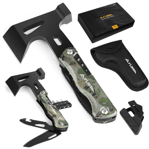 #backtoschool FLISSA Camping Axe Hammer Multitool, Hatchet Multi Tool Camo Stainless Steel, EDC Hiking Survival Multi Function Tool Pocket Knife with Sheath