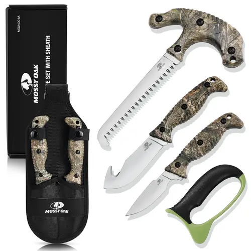 #backtoschool MOSSY OAK Field Dressing Kit, 4-Pack Knife Set with Sheath, Gut-Hook Skinner, Caping Knife, Wood/Bone Saw, Knife Sharpener, for Deer , Camping, Perfect Hunting Gifts for Men