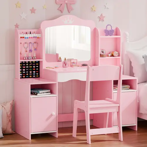 Topwin Blush Pink Dream Vanity Set/ Mirror & Free Throne Chair - 42-Slot Organizer Makeup Dressing Desk,dorm essentials,home decor