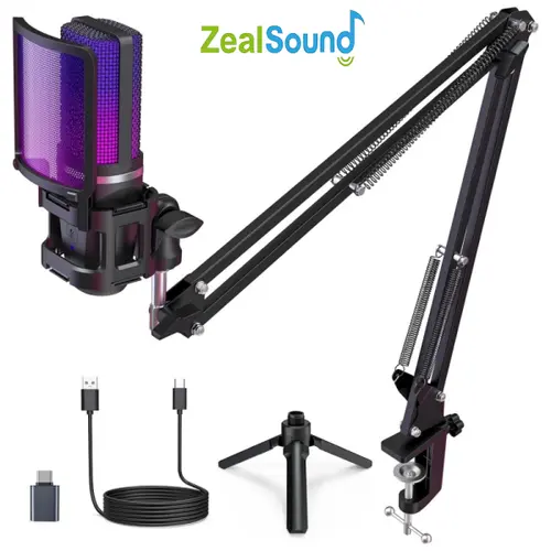 【NOT for XBox】ZealSound A68S Gaming USB Microphone, Noise Cancellation Condenser mic, RGB Microphone with Mute, Gain, Monitoring, Boom Arm, Pop Filter for Phone, PC, Computer, PS4, PS5, Mac, Streaming, Podcast