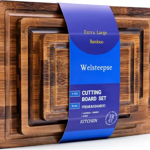 WELSTEEPSE Rectangular 3-Piece Eco-Friendly Bamboo Chopping Boards Set - Deep Carbonized, Durable, Non-Toxic, Scratch-Resistant, Anti-Bacterial Kitchen Supplies with Juice Groove, Portable Utensils for Meat & Veggie Prep (For Eco-Conscious Lifestyle), Scr