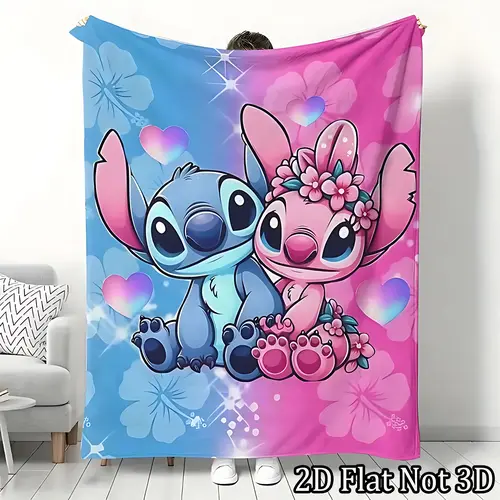 [SummerVibes] DISNEY CLASSIC Stitch & Angel Flannel Blanket - Soft, Warm, Lightweight with Vibrant Cartoon Design, Sofa, Bed, Office, Blanket for Couch