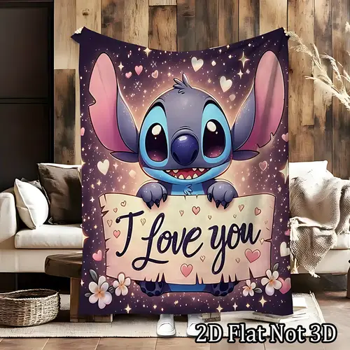 [SummerVibes] DISNEY CLASSIC Stitch Star & Heart Print Flannel Blanket - "I Love You" Cartoon Design, Soft, All-Season Cozy Throw Blanket