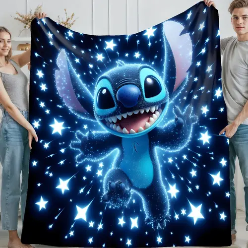 [SummerVibes] DISNEY CLASSIC Stitch Black Flannel Blanket with Blue Stars - Soft Warm Cozy Throw for Bed, Sofa, Office & Camping