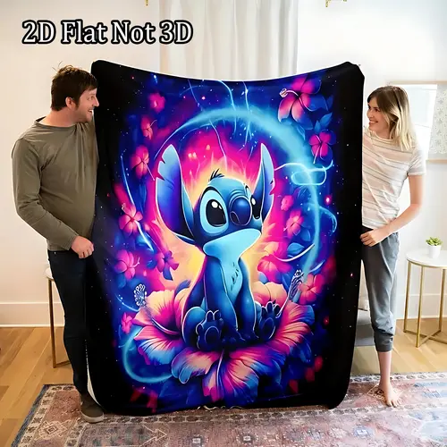 [SummerVibes] DISNEY CLASSIC Stitch Flannel Blanket - Soft, Warm, Vibrant Blue & Purple Design with Glowing Orbs & Floral Accents, Machine Washable, Ideal for Sofa, Bed, Beach