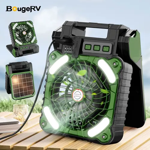 BougeRV Solar Camping Fan with LED Lights - USB Port, USB Charging, Solar Powered Cooling, 90° Rotation, Hook, Rechargeable Personal Fan for Outdoor Camping & Beat the Heat Desk Use