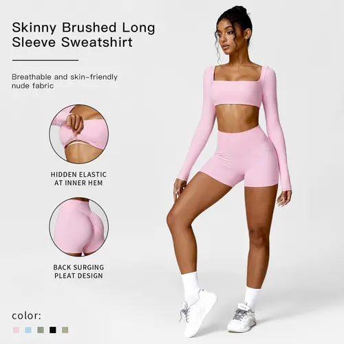 Women's 2-Piece Yoga Activewear Set - Sporty Solid Square Neck Crop Top & High Waist Compression Shorts, Lightweight Minimalistic Women's Gym Wear Short Sets for Gym, Summer Sports, 2 Piece Sets
