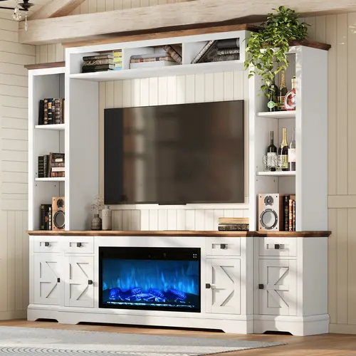[Ships in 3 Boxes] AMERLIFE 98in Farmhouse Wall Unit TV Stand with 36" Fireplace, Bookshelves, Wine Cabinet, Fits 78" TVs, Entertainment Center with Power Outlets & Drawers, Media Console, Living Room/Christmas Gifts/Best Gift Ideas/Cozy Home