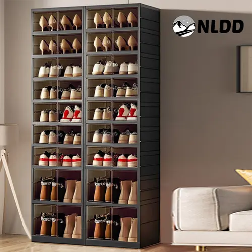NLDD Black Foldable 9-Tier Shoe Rack Organizer with Clear Doors & Wheels Space-Saving Storage for 18 Pairs Adjustable Height Plastic Magnetic Stackable Cabinet for Closet Bedroom, Shoe Box